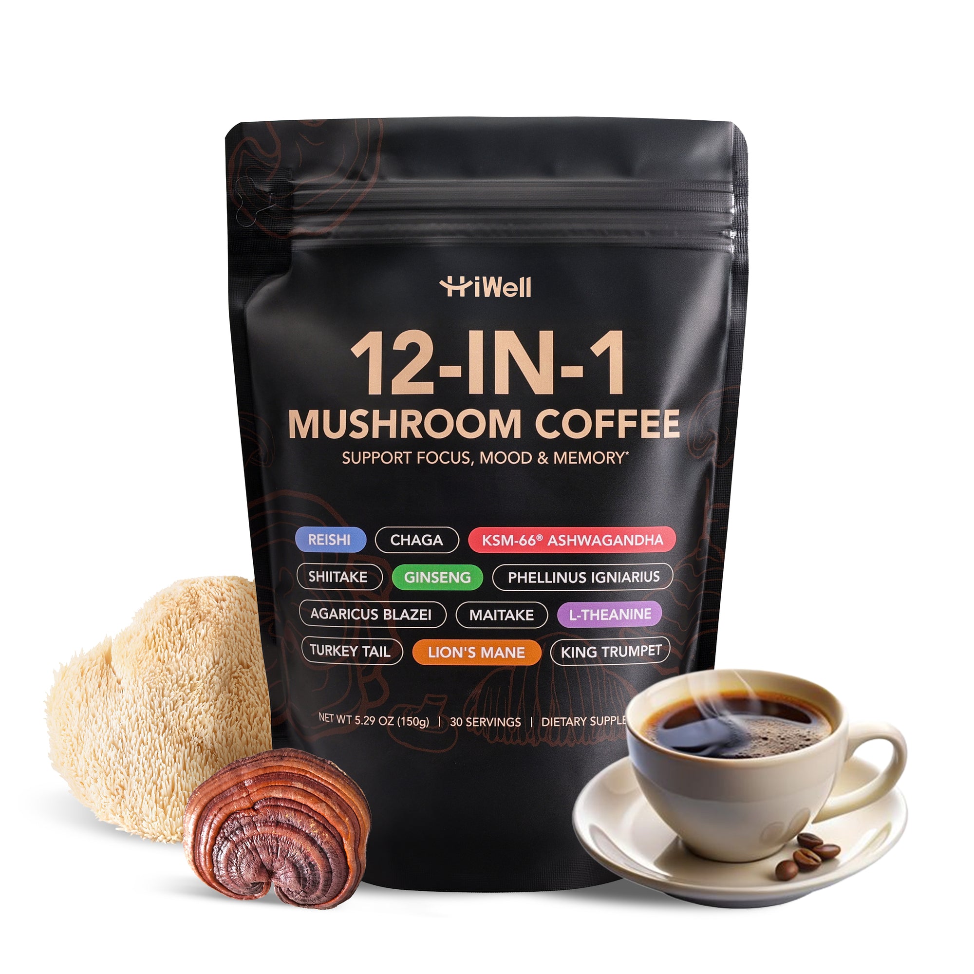12-in-1 Organic Mushroom Coffee - Lion's Mane, Reishi, Ginseng, KSM-66® Ashwagandha
